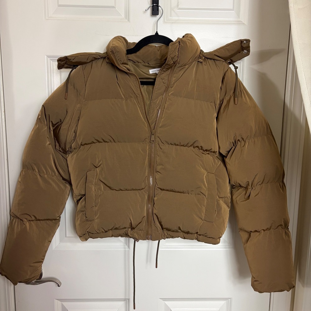 Good American Puffer Jacket Sepia Brown Cropped Hooded Coat GP0916 Size 1 S